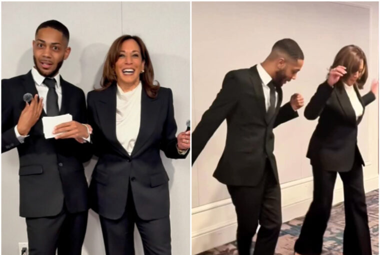 Former Vice Present Kamala Harris does the viral Boots On the Ground dance with Kenneth Walden.
