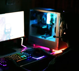 Gamer using advanced strategies in a futuristic first-person shooter game in 2025