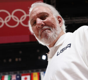 Gregg Popovich on the sidelines during a San Antonio Spurs game before stepping down as head coach.