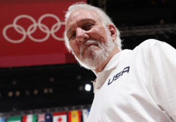 Gregg Popovich on the sidelines during a San Antonio Spurs game before stepping down as head coach.
