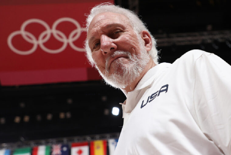 Gregg Popovich on the sidelines during a San Antonio Spurs game before stepping down as head coach.