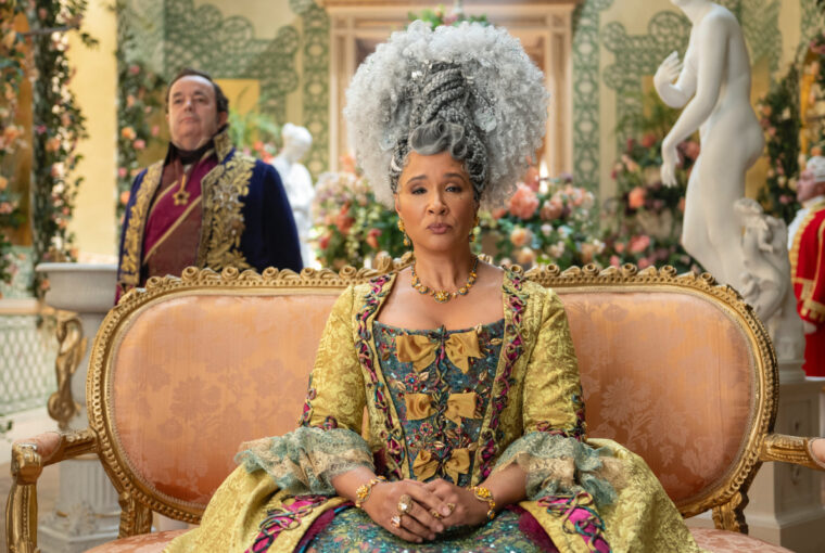 Hugh Sachs as Brimsley and Golda Rosheuvel as Queen Charlotte in episode 403 of Bridgerton Season 4.