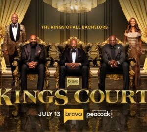 Tyson Beckford, Carlos Boozer, and Titus O’Neil stand together in the official key art for Bravo’s Kings Court.
