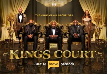 Tyson Beckford, Carlos Boozer, and Titus O’Neil stand together in the official key art for Bravo’s Kings Court.