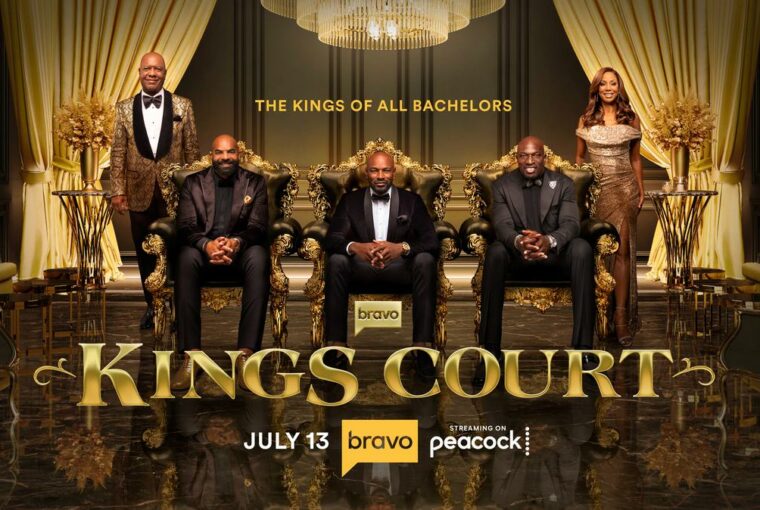 Tyson Beckford, Carlos Boozer, and Titus O’Neil stand together in the official key art for Bravo’s Kings Court.