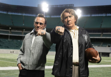 Nicolas Cage as John Madden and Christian Bale as Al Davis in Madden, directed by David O. Russell. Production underway in Atlanta.