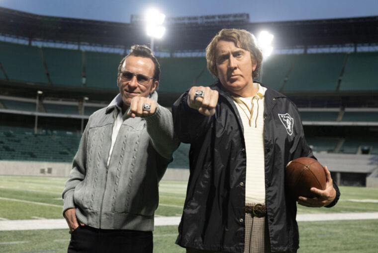 Nicolas Cage as John Madden and Christian Bale as Al Davis in Madden, directed by David O. Russell. Production underway in Atlanta.